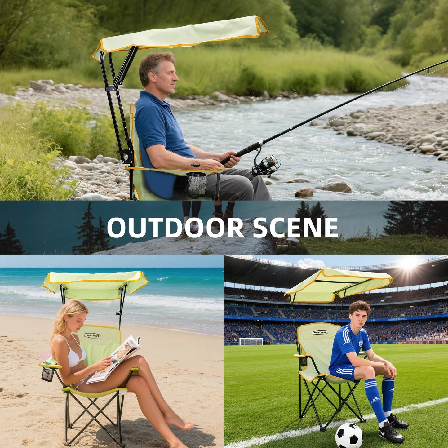 2-piece set of foldable camping chairs with sunshade, Double cup holder outdoor lawn chair, Heavy-duty portable folding chair