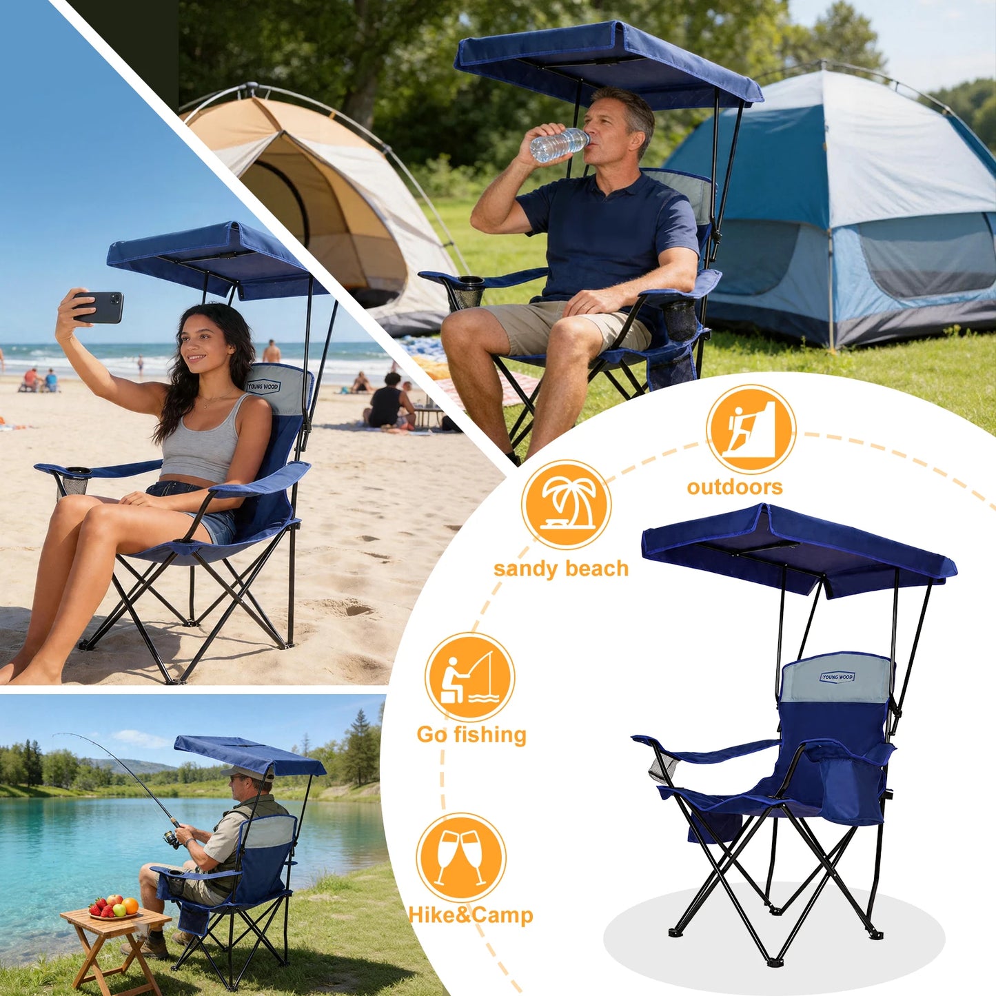 YOUNG WOOD Foldable Canopy Camping Chair Blue with Cooler Bag, Portable Outdoor Lawn Chair with Sun Shade, Cup Holder & Side Pocket, Heavy Duty Folding Beach Chair for Picnic Fishing Patio