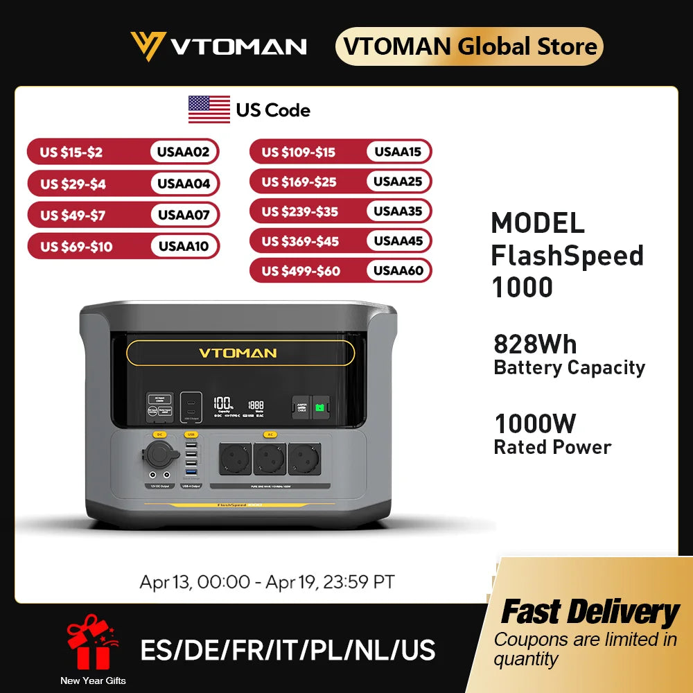 VTOMAN FlashSpeed 1000 Portable Power Station 2000W 828Wh LiFeP04 Battery For Outdoor Camping Tent Travel