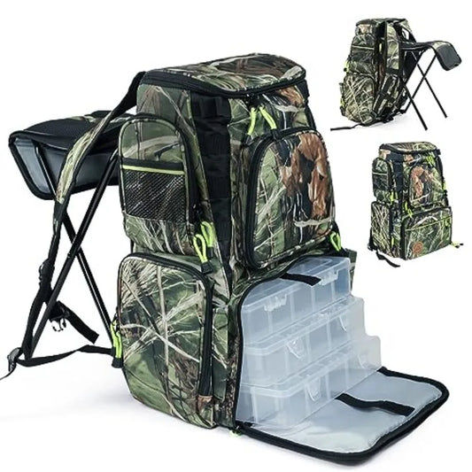 PLAY-KING Fishing Backpack Tackle Box Bag with Rod Holder Boxes Foldable Fishing Chair for Outdoor Use by Men Durable Polyester
