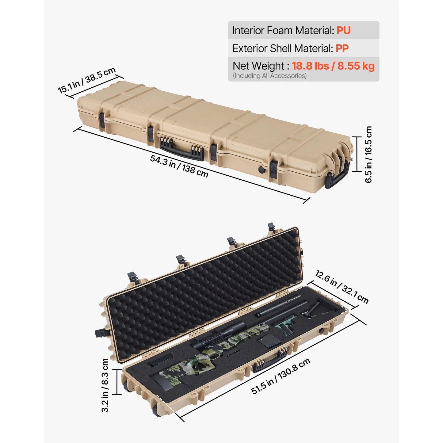 SucceBuy Hard Rifle Case Lockable Rifle Case w/ Pre-cut Foams & Wheels IP67 Waterproof Pistol Storage Cases for Rifles Shotguns