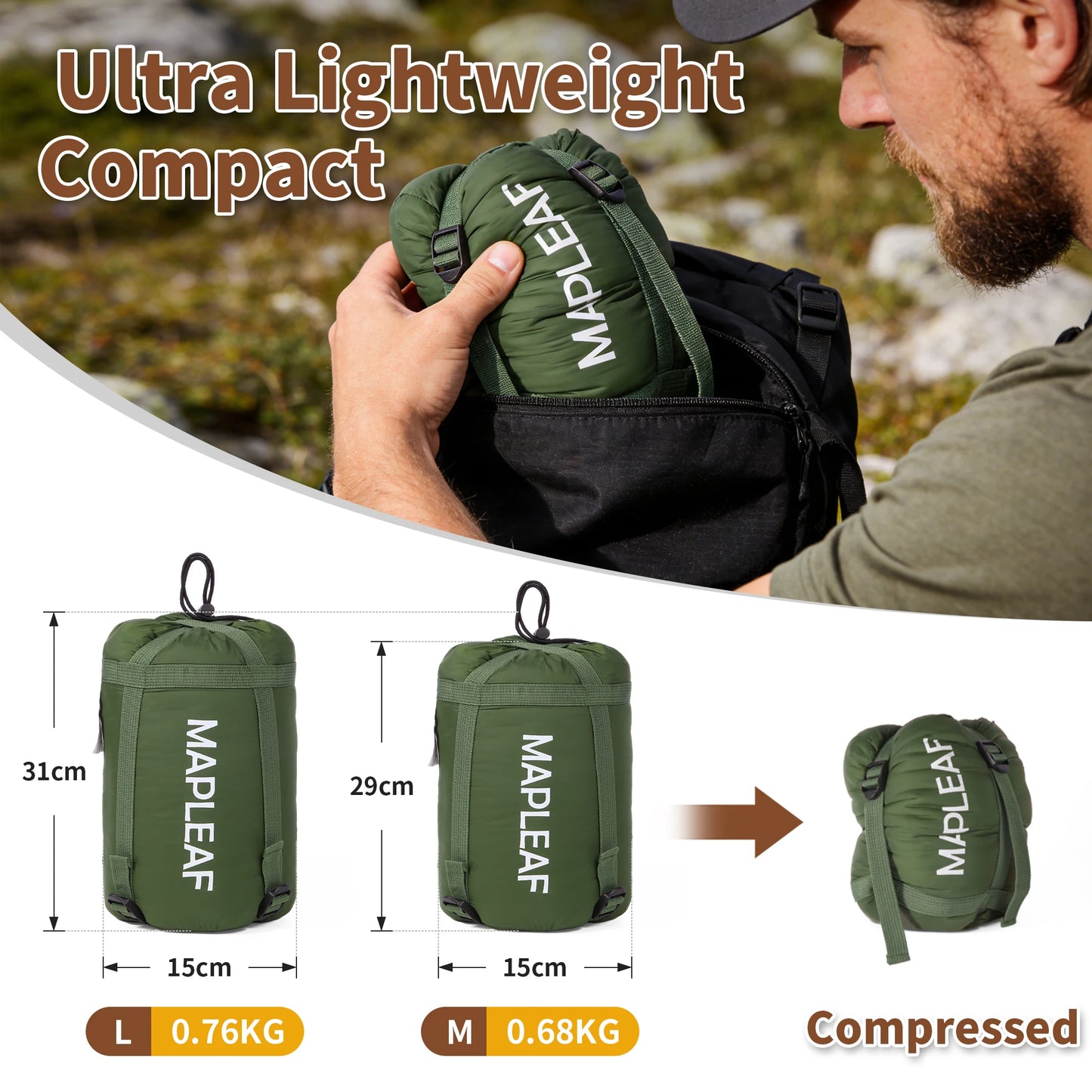 MAPLEAF Portable Sleeping Bag Waterproof Splicable Lightweight Compact Compression Sack Camping Hiking Climbing