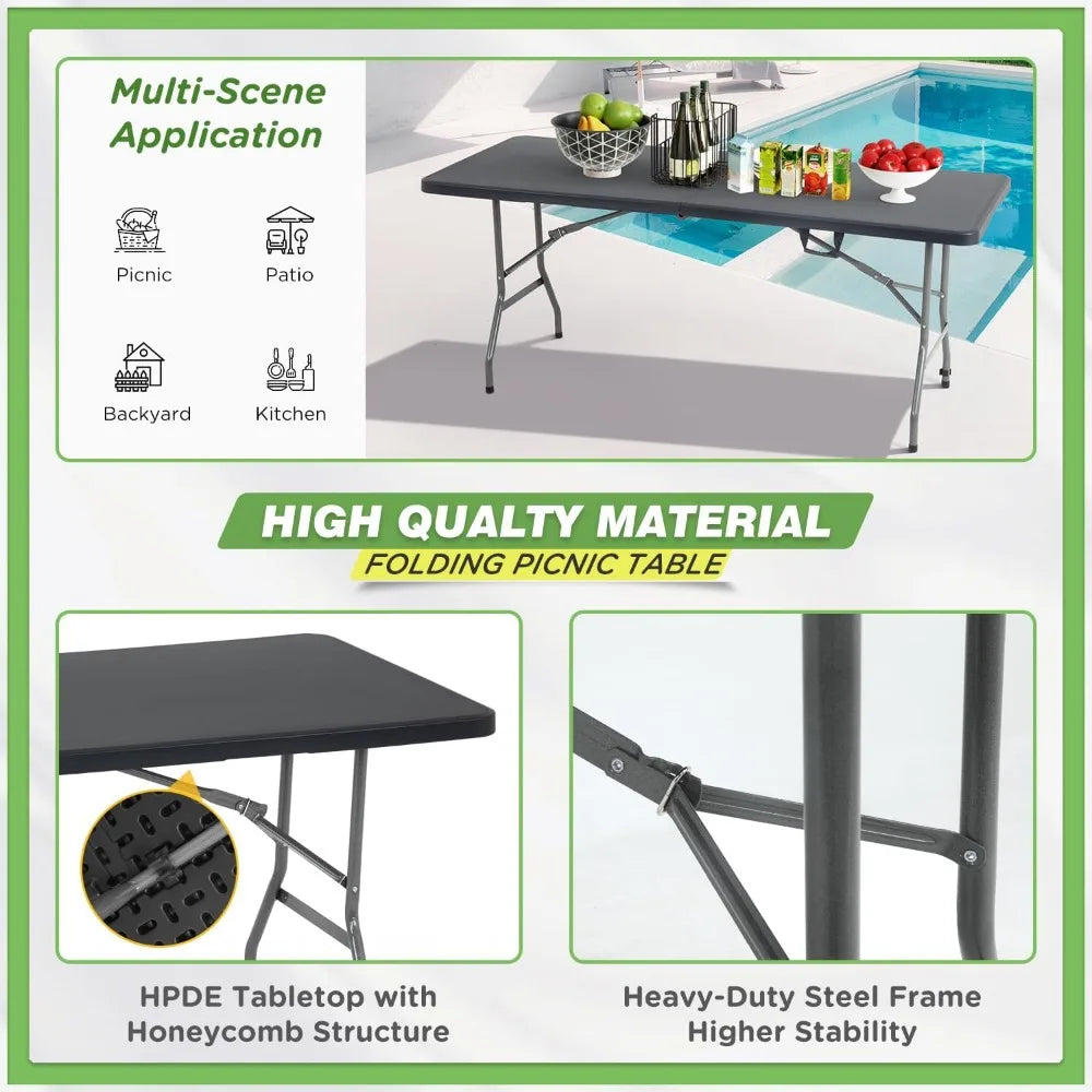 6 FT Folding Camping Table Heavy Duty Plastic Portable Square Dining Table for Picnics Parties Outdoor Black
