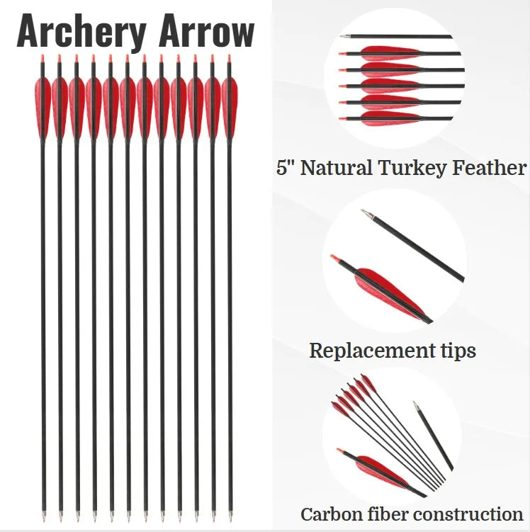 12pc Mixed Carbon Arrows Archery SP500 Carbon Arrow 5 Inch Feather Traditional Bow Recurve Longbow Shooting Hunting Arrow