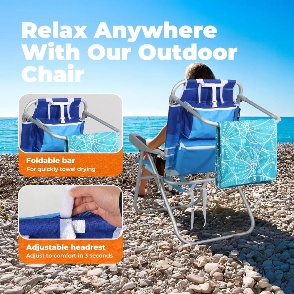 Tall Beach Chairs for Adults – 5-Position Reclining Backpack Chair with Large Insulated Cooler & Storage Pocket, Customized