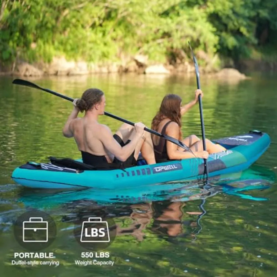 Recreational 2-person inflatable kayak for lakes and calm rivers, PVC material, blue-gray color, drop-stitch floor for rigidity