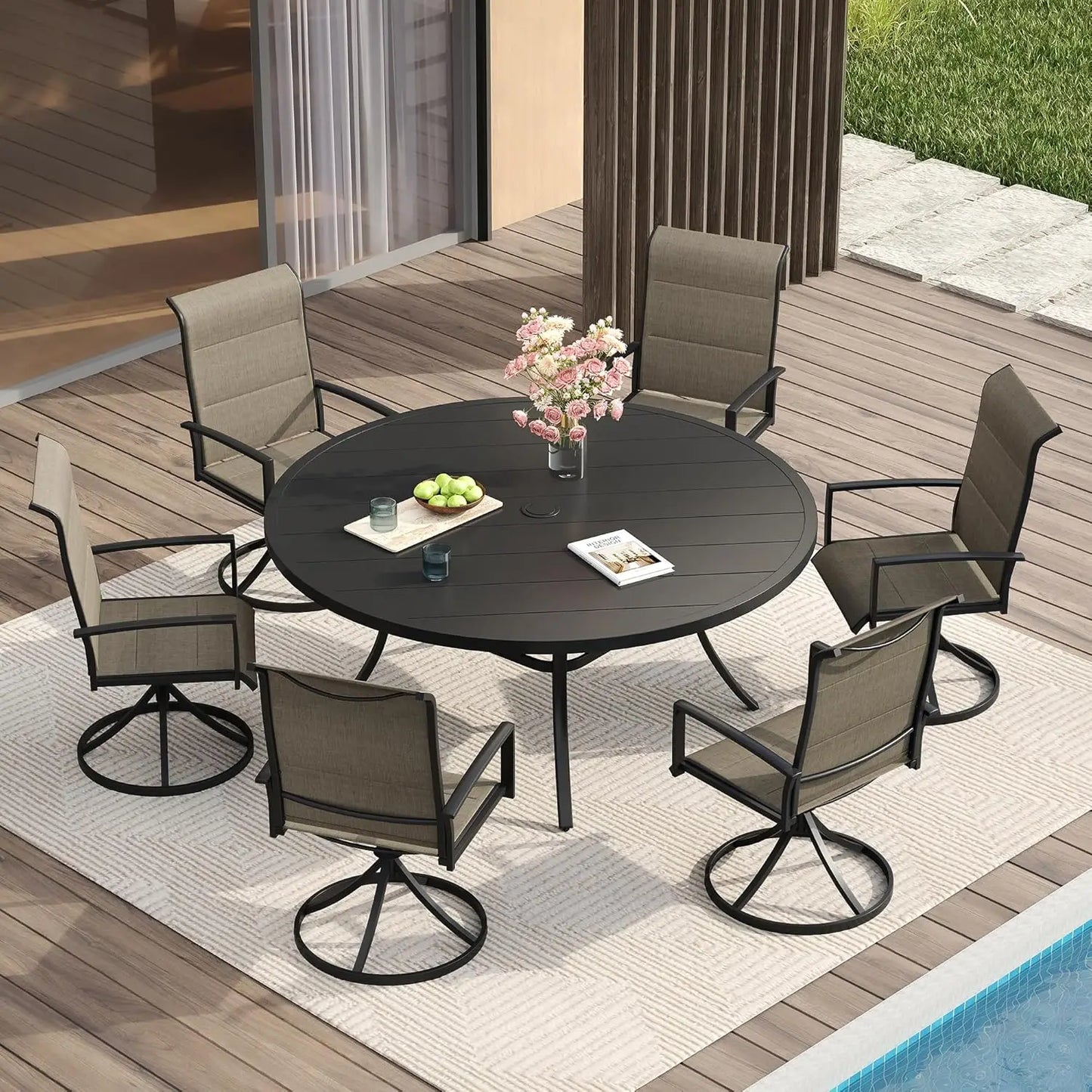 7 Pieces Patio Dining Set for 6-Outdoor Furniture Includes 53" Round Outdoor Table and Swivel Padded Chairs,, Customized