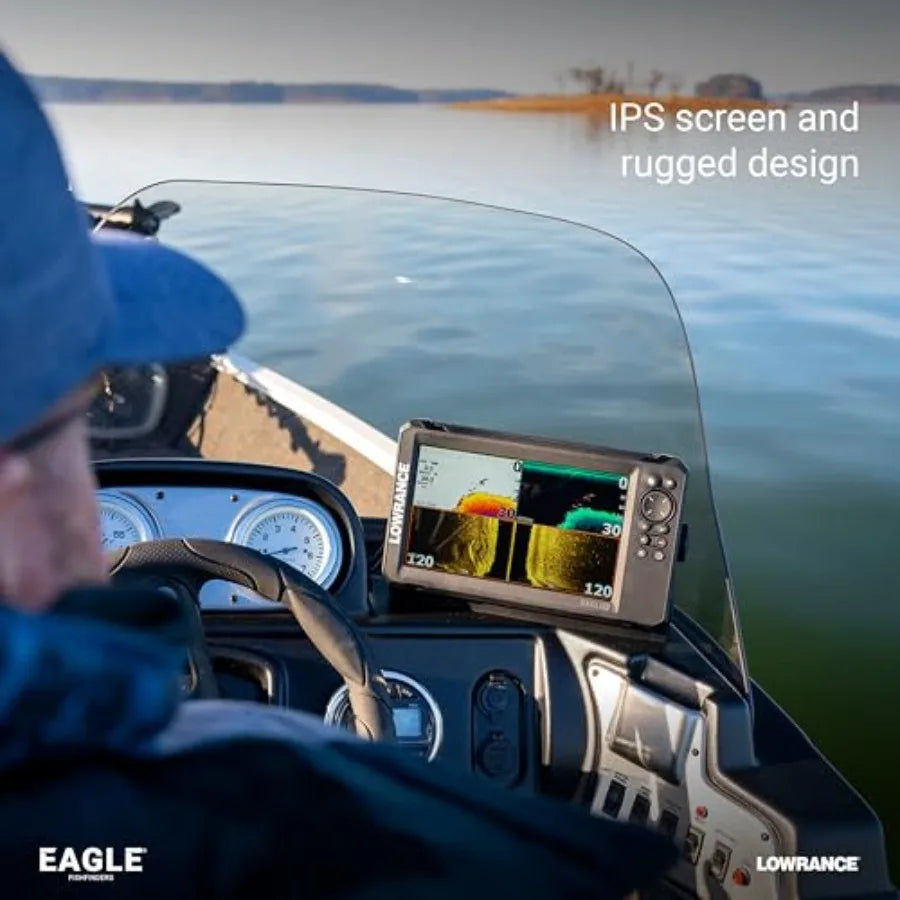 Eagle Fish Finders with IPS Screen for marine navigation, durable ABS plastic housing, black color, high-contrast sunlight-read