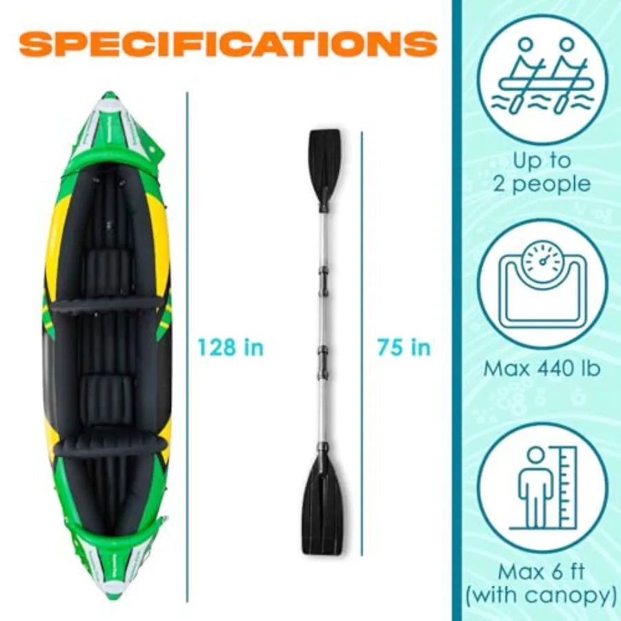 Inflatable Kayak 2 Person with Detachable Sun Canopy Heavy-Duty Tandem Kayak for Adults Reinforced Paddles, Waterproof Phone Ba