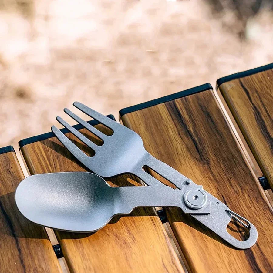 2-in-1 multifunctional Pure Titanium Cutlery with Folding Spoon and Fork Combo,Perfect for Hiking,Camping,or Backpacking Trips
