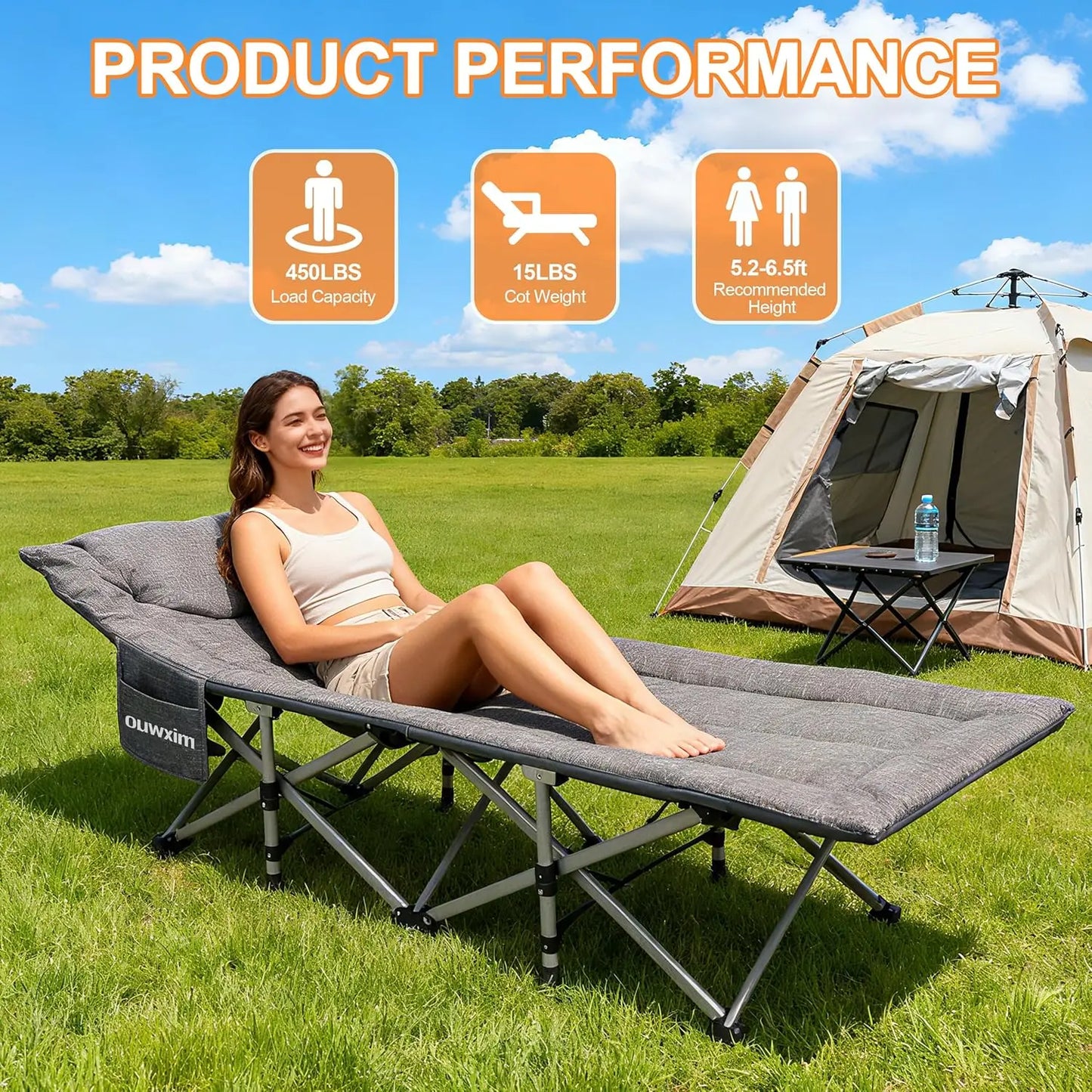 Heavy Duty Camping Cot for Adults, 450LBS Capacity, Compact Fold with Pillow & Carry Bag, No Assembly Needed