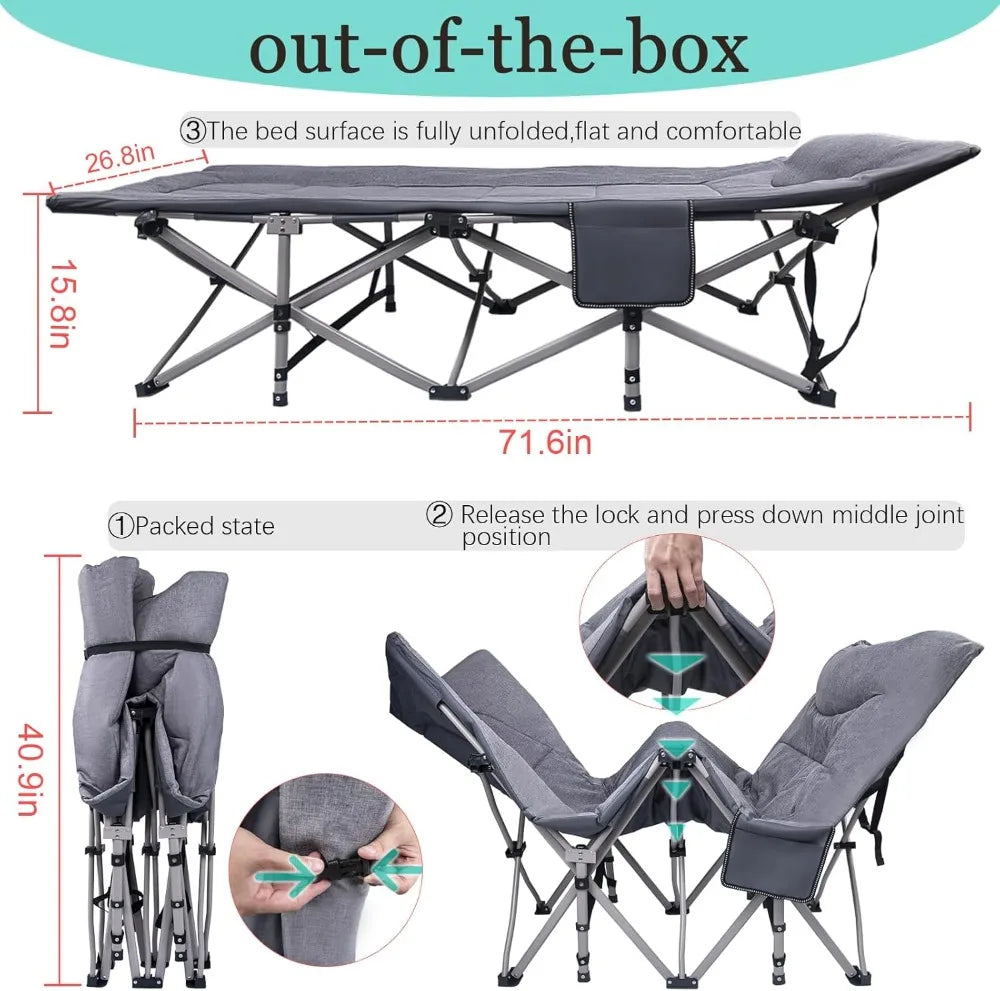 Heavy Duty Folding Camping Cot 600 Lbs Capacity Portable Bed for Adults with Carry Bag, Grey