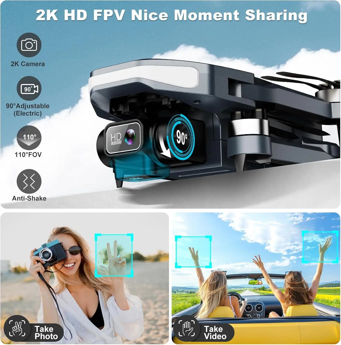 2K HD Camera GPS Drone with Auto Return, Foldable Quadcopter for Adults and Beginners
