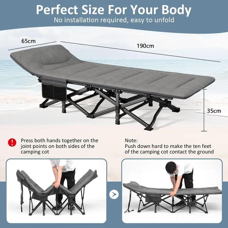 Cot, Folding Cot Bed for Adults with Builtin Mattress and Pillow, Portable Outdoor Sleeping Cot for Camping and Travel, with Car