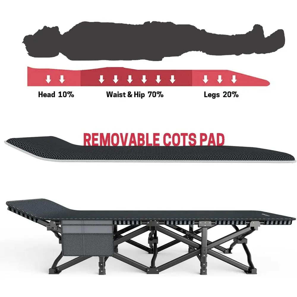 Portable Adult Cot with Cushion Comfort, Tent-Friendly Sliding Bed, Lightweight with Carry Bag, Supports Up to 450 lbs