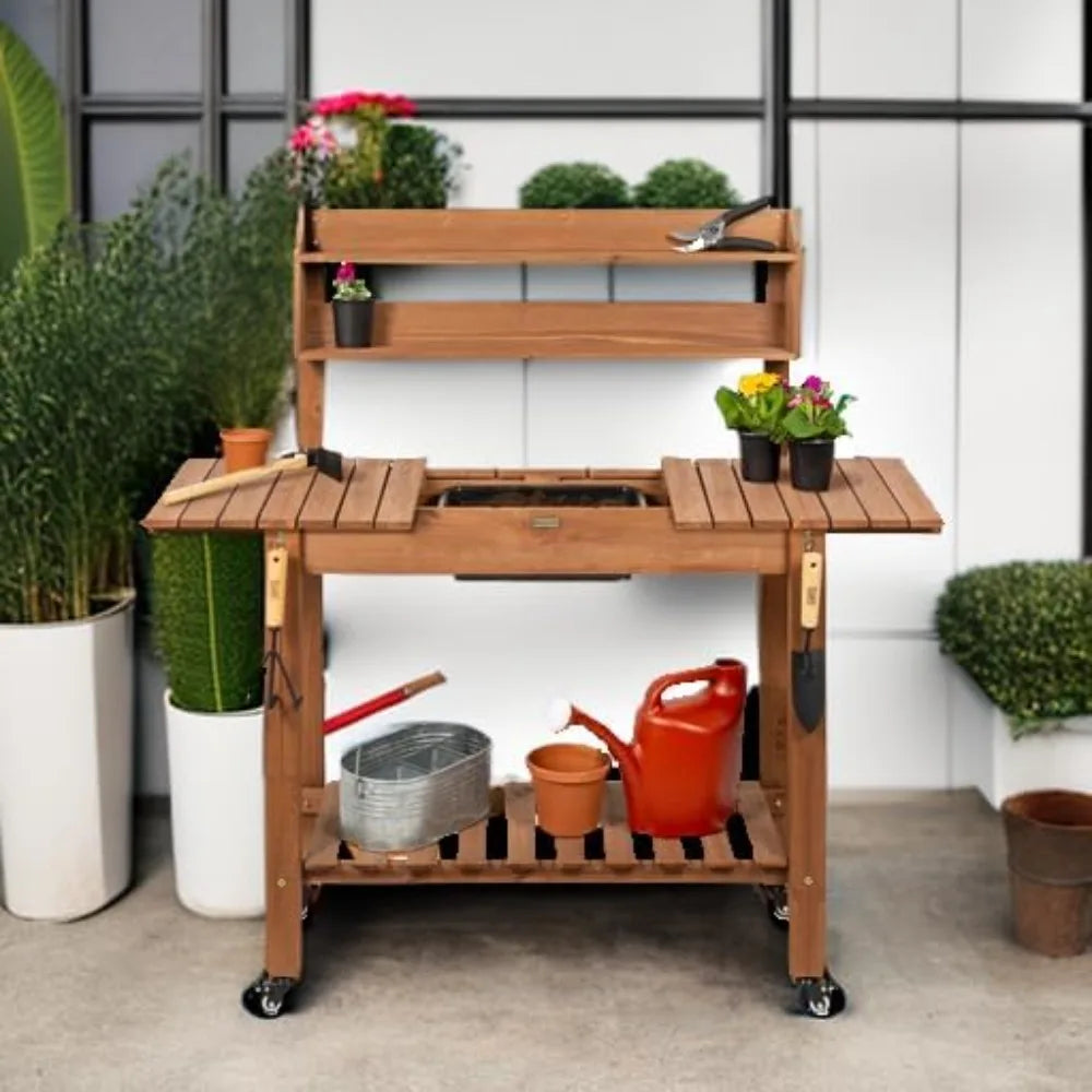 Mobile Garden Potting Bench with Sliding Tabletop, 4 Locking Wheels, Dry Sink & Storage Shelves - Brown Outdoor Workstation
