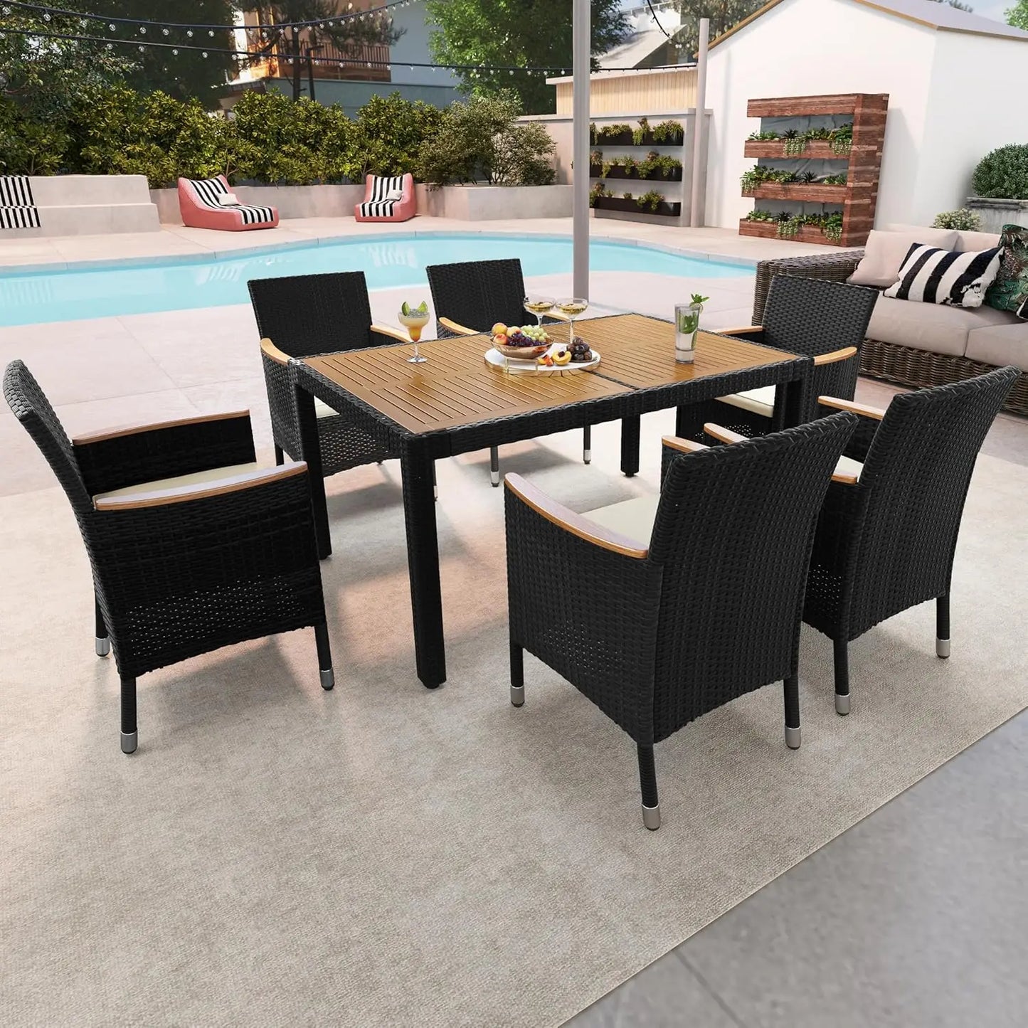 7pc Patio Acacia Wood Dining Set Rattan Conversation Cushioned Chairs Table Backyard Deck Garden Yard Custom