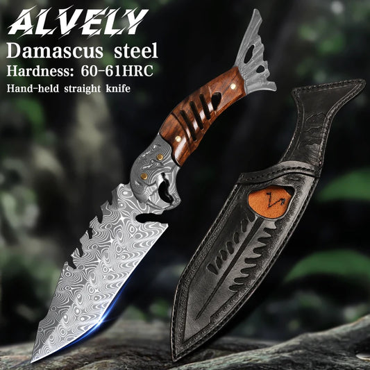 High-quality handcrafted Damascus steel fixed-blade hunting knife, outdoor camping fixed-blade tool, men's survival knife