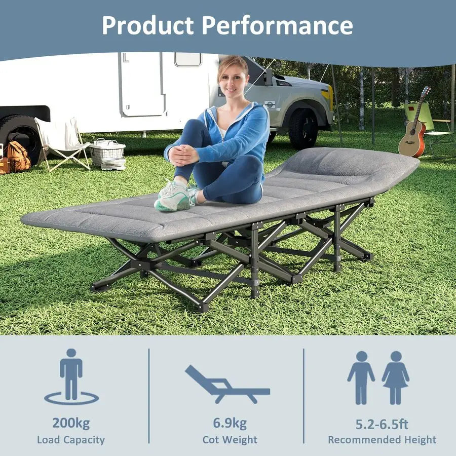 Cot, Folding Cot Bed for Adults with Builtin Mattress and Pillow, Portable Outdoor Sleeping Cot for Camping and Travel, with Car