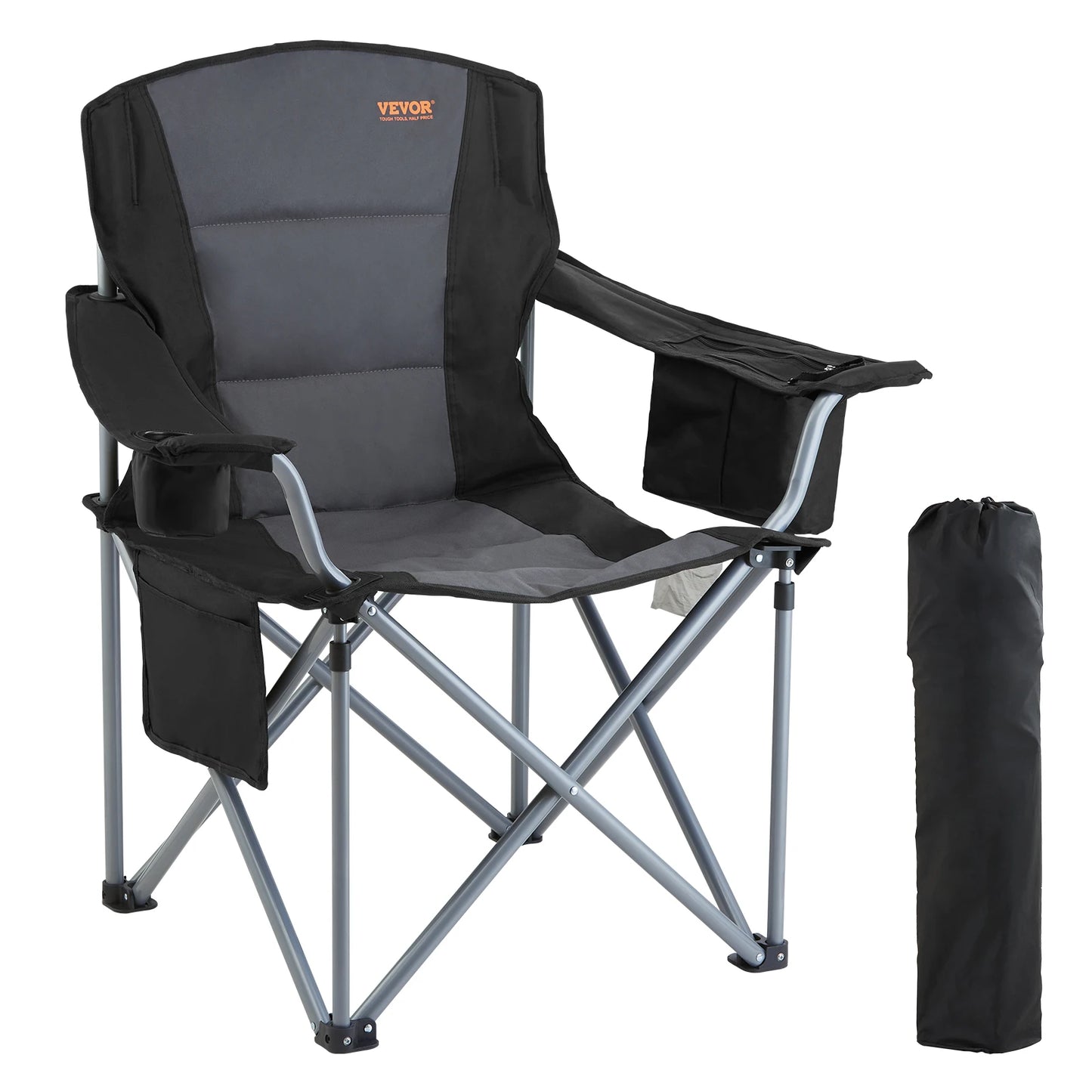SucceBuy Camping Folding Chair for Adults Portable Quad Lumbar Back Padded Arm Chairs with Side Pockets for Beach, Lawn, Picnic