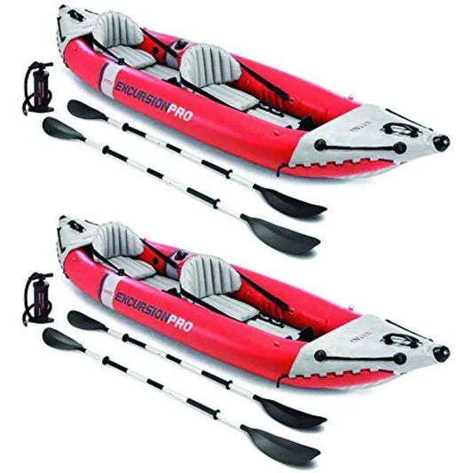 Excursion Pro inflatable kayak set for outdoor water adventures: SuperTough PVC, gray/black, 2-person capacity, 400lb weight li