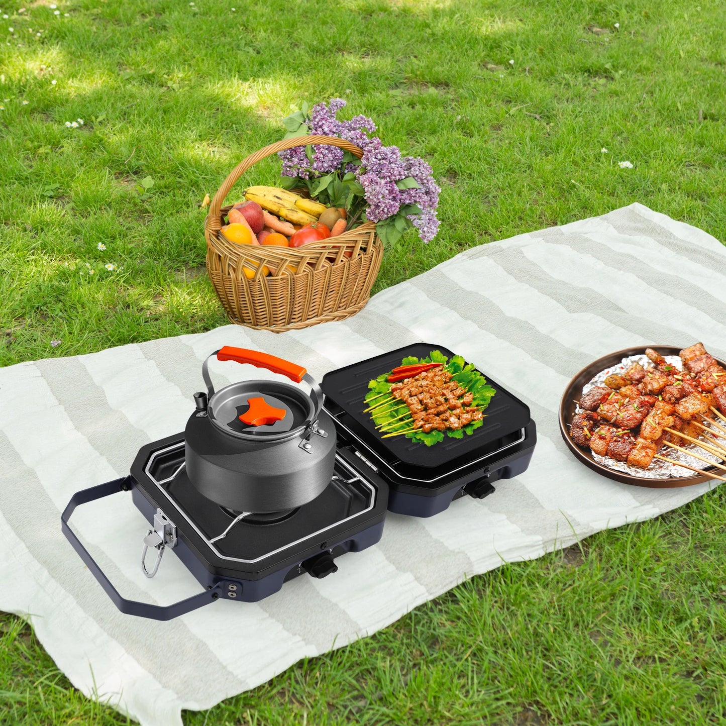 Foldable Camp Stove with Grill Pan, 2-Burners Portable Stove for Camping, BBQ Outdoor Gas Cooker, Dual Control Knobs