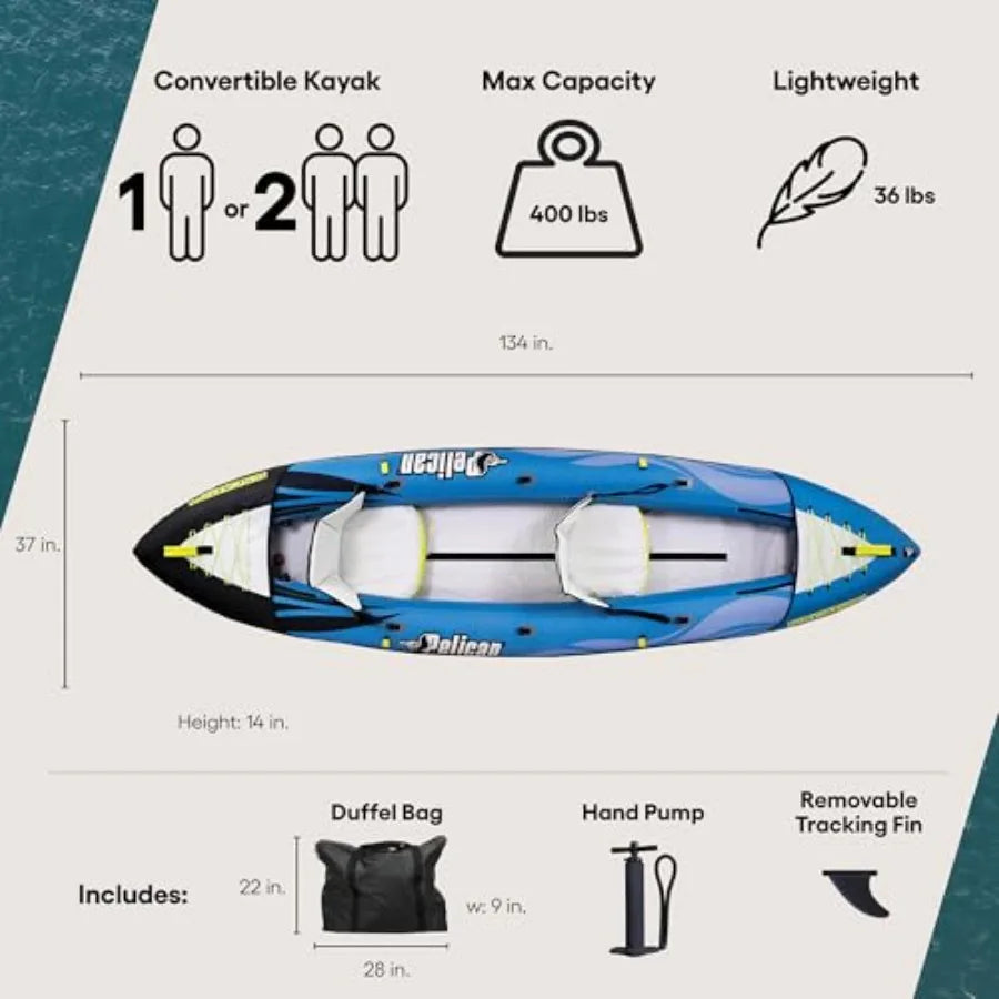 Recreational inflatable kayak for 1 or 2 persons: PVC material, blue-gray color, ultra-compact foldable design with enhanced st