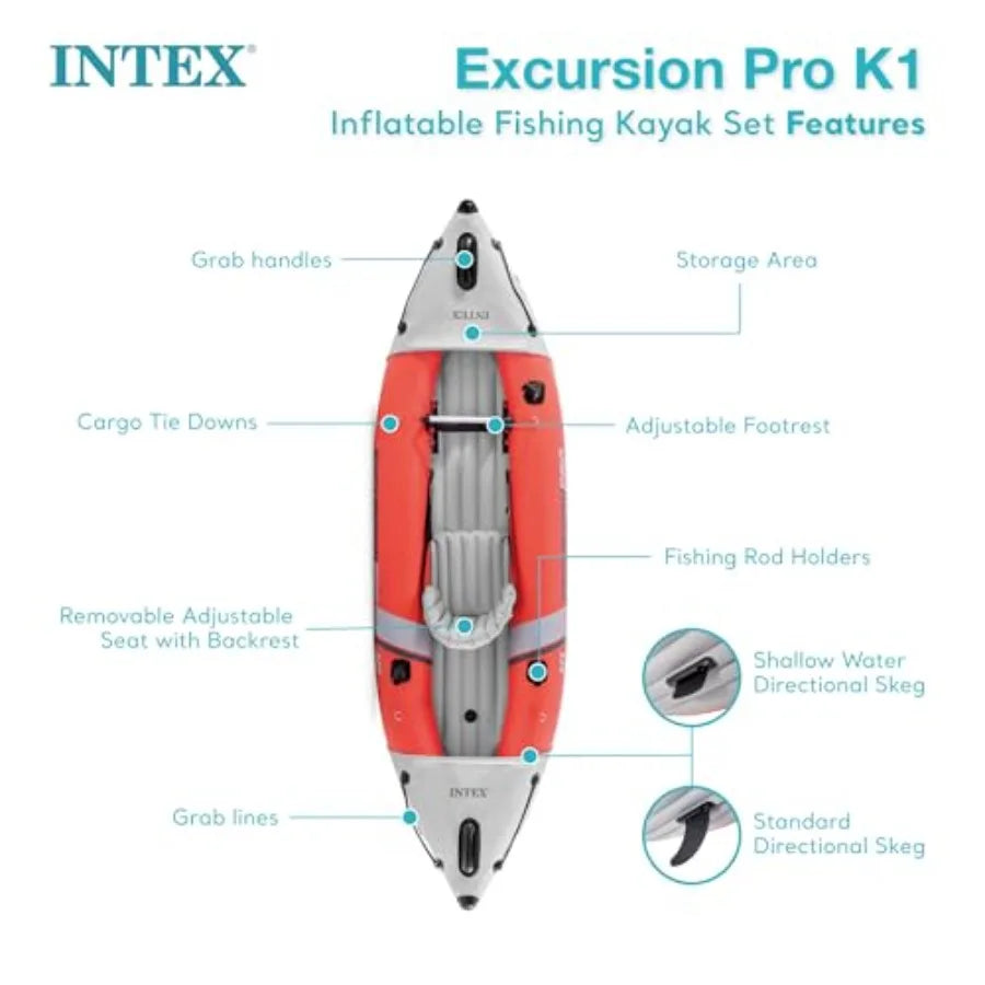 Excursion Pro K1 Inflatable Kayak Set for 1-Person: SuperTough PVC, Gray/Black, 220lb Capacity, Adjustable Bucket Seat Deluxe 8