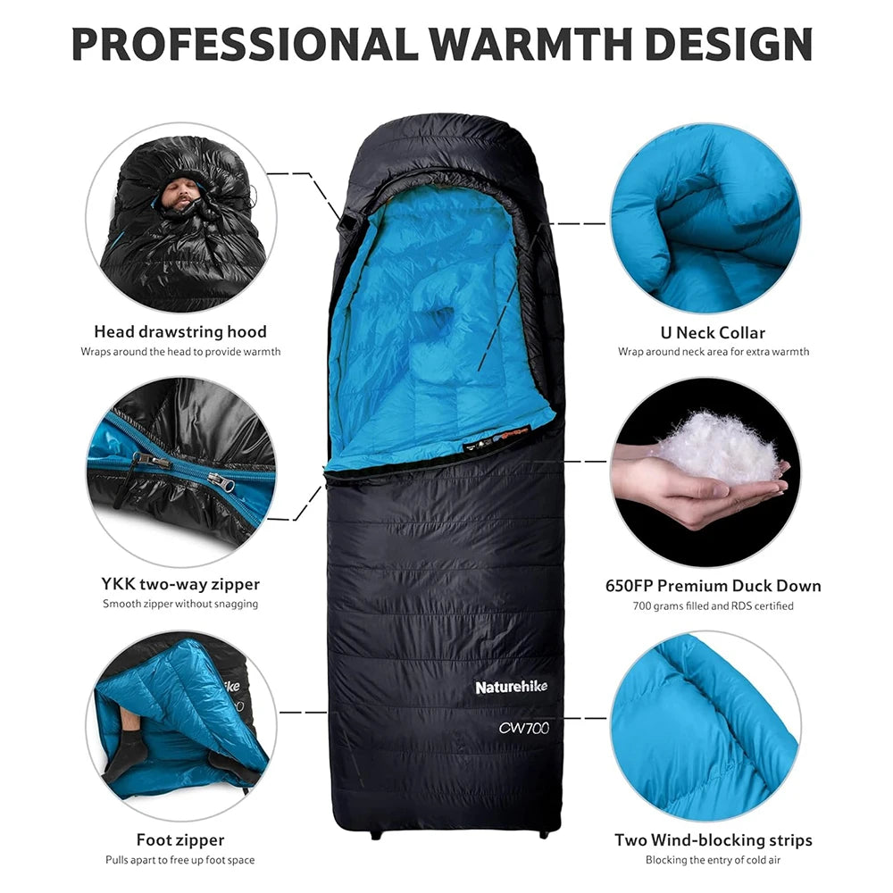Naturehike CW700 Sleeping Bag Ultralight Down Sleeping Bag for Adults Outdoor Winter Warm 650FP Duck Down Envelope Sleeping Bag