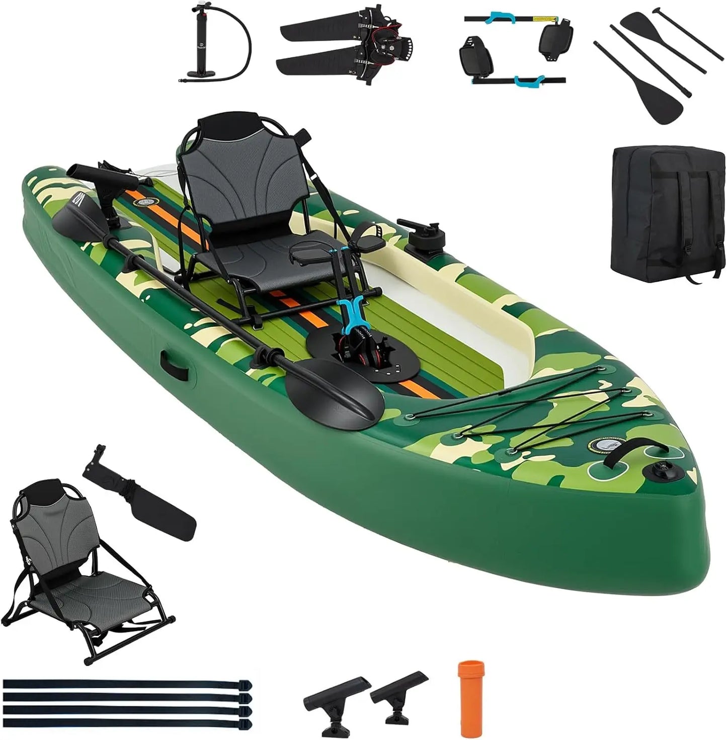 12-Foot Inflatable Fishing Kayak with Pedal System, Premium PVC, Lightweight and Portable, Rudder System, Aluminum Seat, and Included Accessories