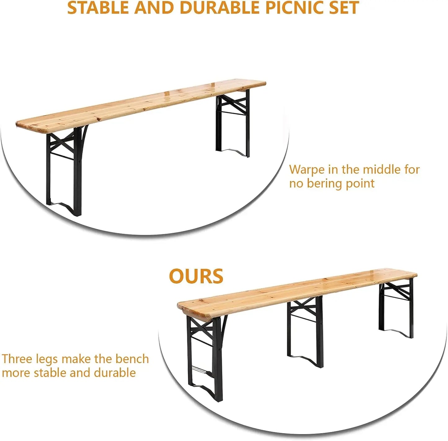 6 Foot Folding Picnic Table with Benches, Weather-Resistant Wood Beer Camping Table w/Carrying Handles, for Family