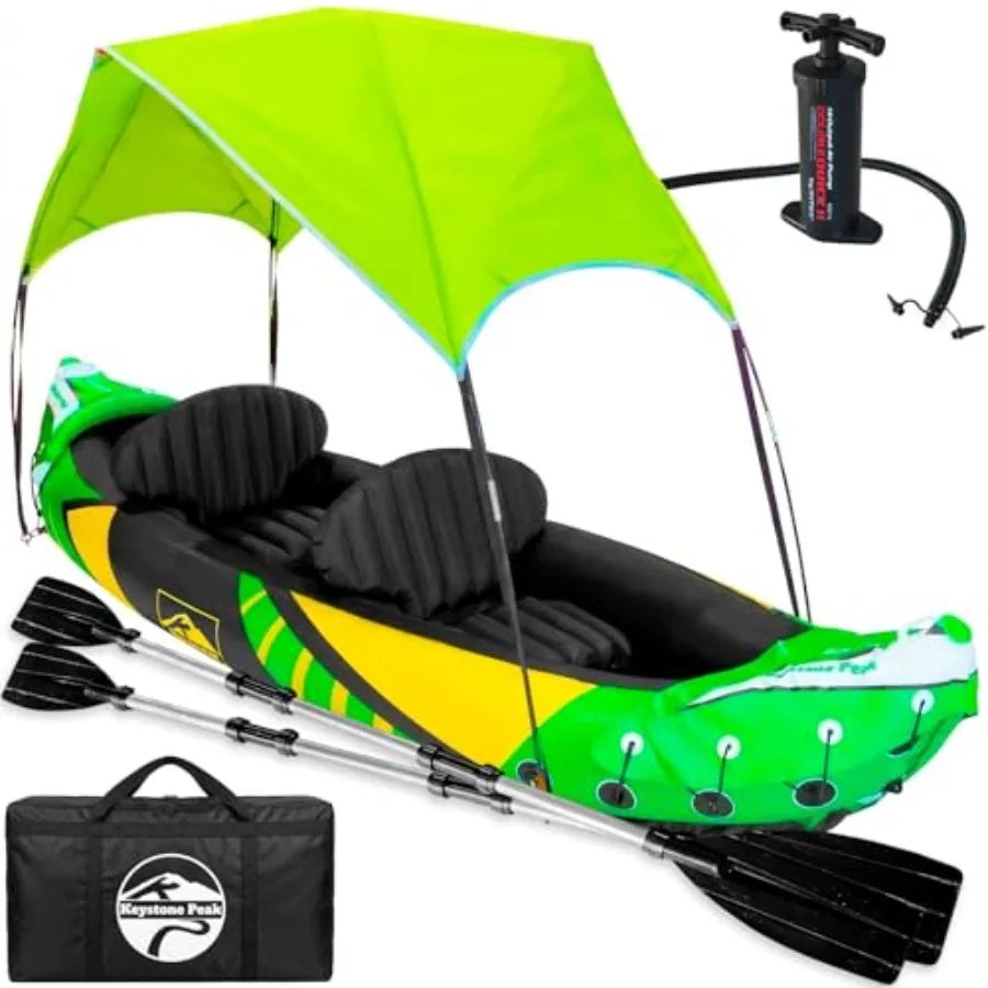Inflatable Kayak 2 Person with Detachable Sun Canopy Heavy-Duty Tandem Kayak for Adults Reinforced Paddles, Waterproof Phone Ba