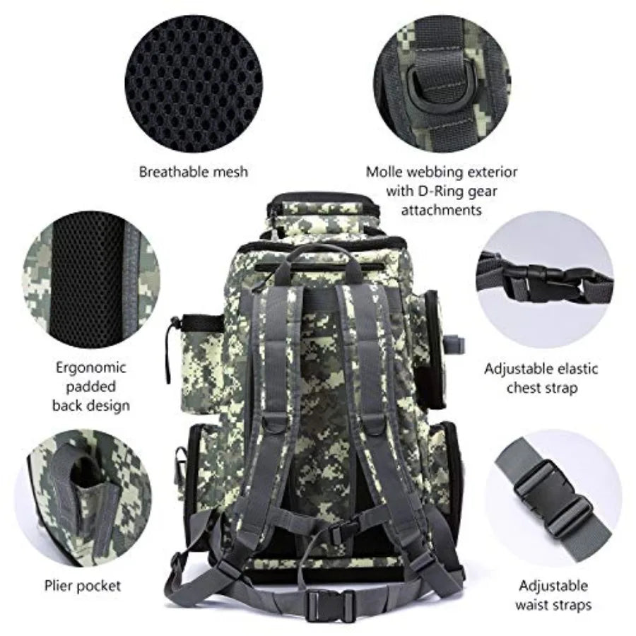 Fishing Tackle Backpack Water Resistant Tactical Bag Soft Tackle Box with Rod Holder and Protective Rain Cover