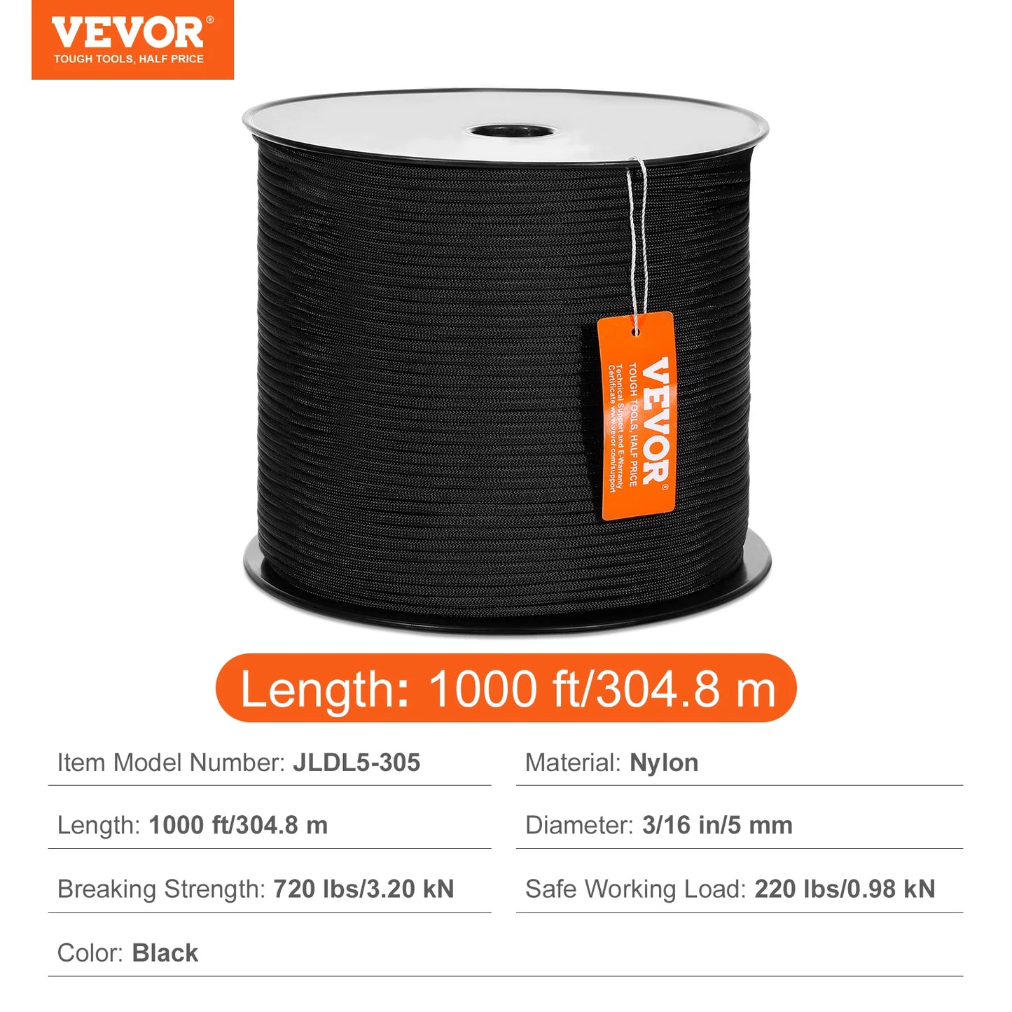 SucceBuy 3/16 in 250/1000ft Nylon Cord 32-Strand Design Multi-Purpose Rope for Outdoor Adventures Tree Work Emergency Situation
