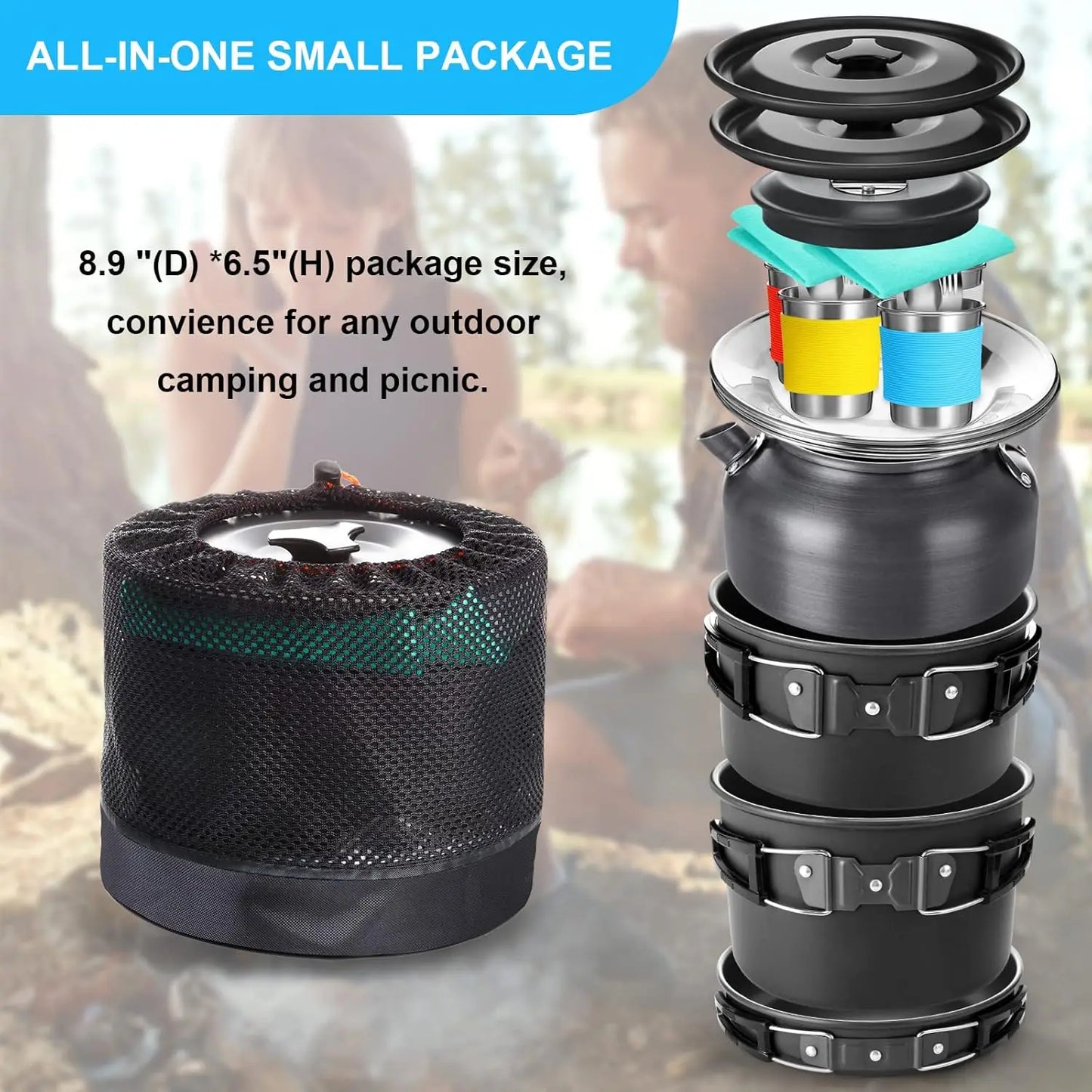 42 Pcs Camping Cookware MKit, Non Stick Lightweight Pots Pan Kettle, Collapsible Water Container and