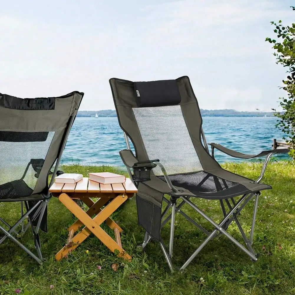 Title: 2-in-1 Reclining Camping Chair with Footrest, High Back Mesh Folding Chair with Cup Holders for Outdoor Beach Fishing