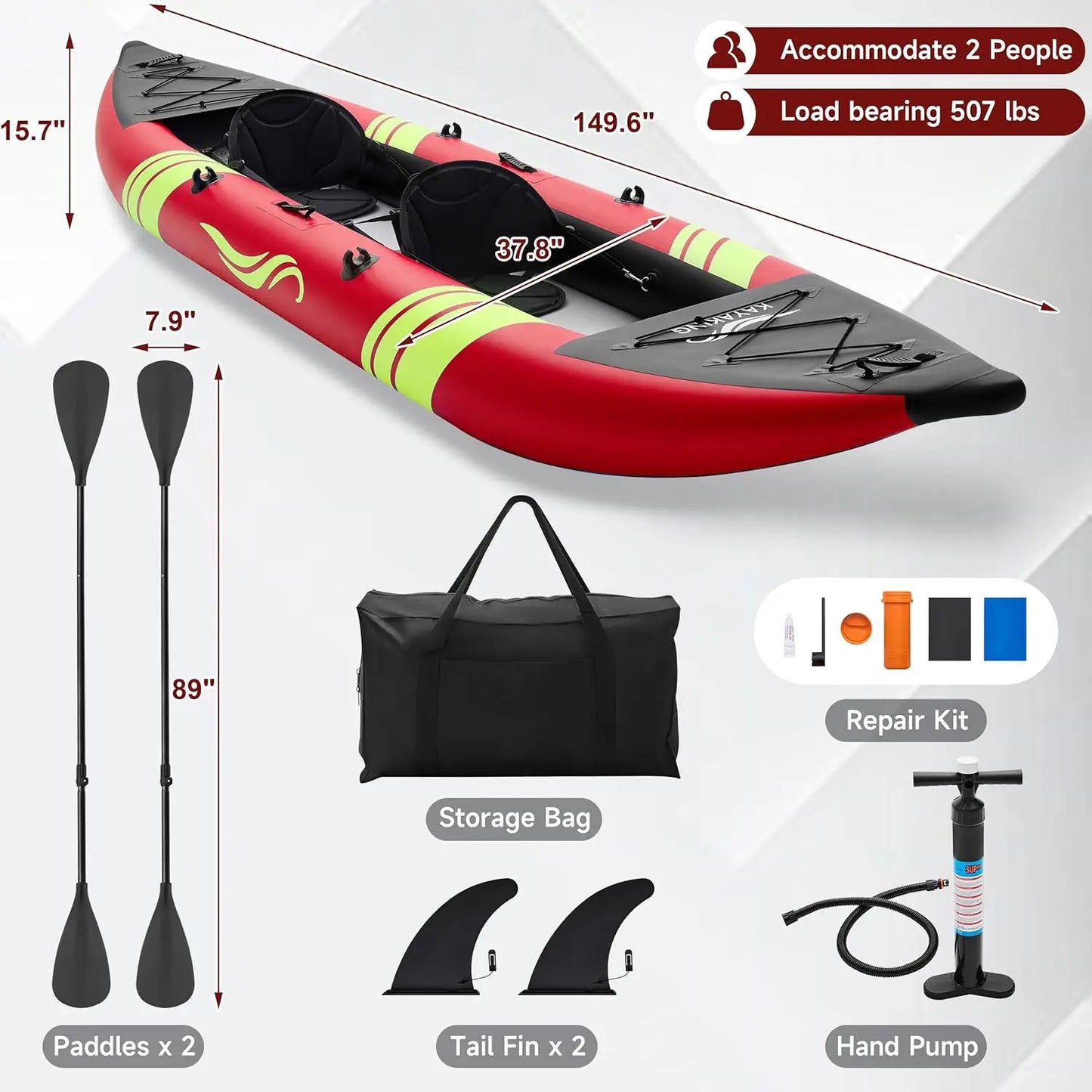 Inflatable Kayak 2 Person, Fishing Kayaks for Adults, 12.5FT 507 LBS Capacity, Portable Kayak with Luminous Strips,, Custom