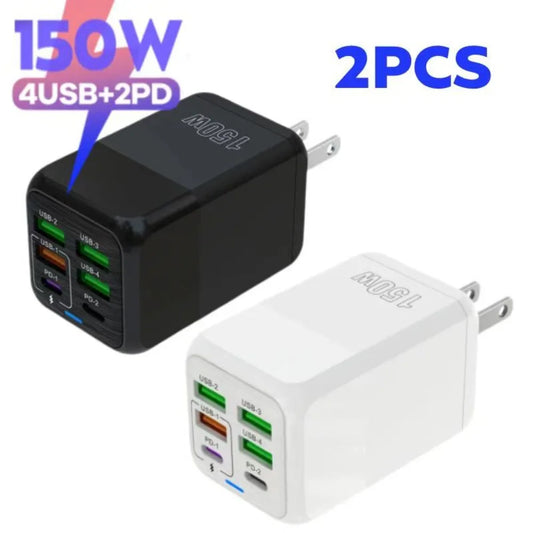 150W 6-Port Fast Charger with 4 USB & 2 PD Ports, QC3.0 & GaN Tech Multi Port Travel Charger for iPhone 16/15, Samsung, Xiaomi,