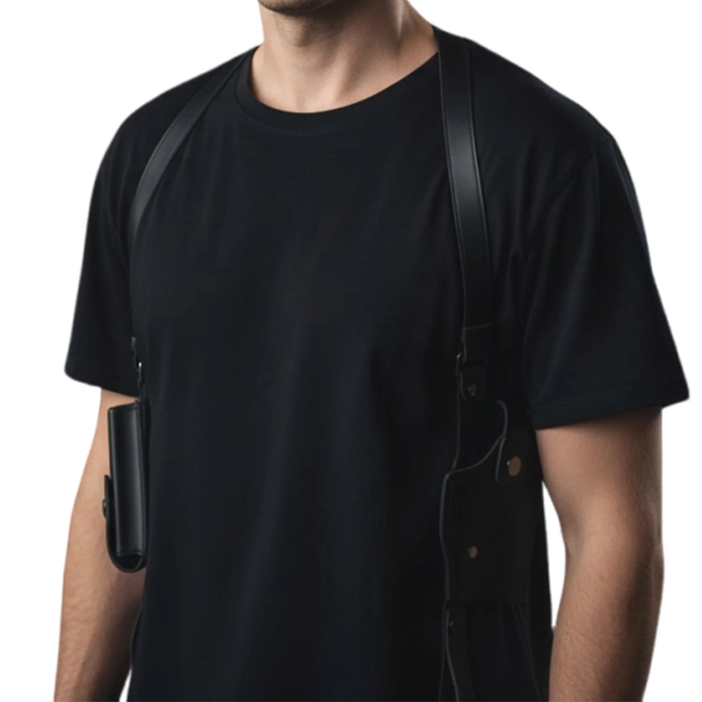 Leather  Stealth Pistol Holster with Double Magazine Pouch Adjustable Vertical Concealed Holster Fit 1911 92 92G Most Kinds of Pistols (Black)