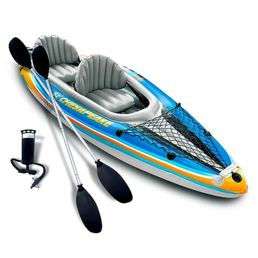 Inflatable Kayak 2 Person for Lakes Rivers, PVC Material, Gray/Blue, Includes Canopy, Aluminum Oars, Air Pump Carry Bag, 400 LB