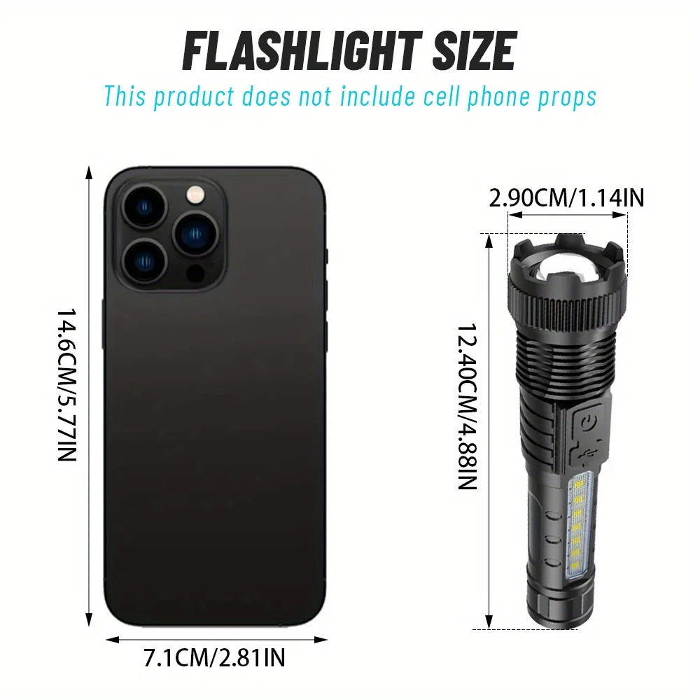 Rechargeable High Lumen LED Flashlight Tactical COB Work Light Power Display Waterproof Camping Emergency Christmas Men Gift