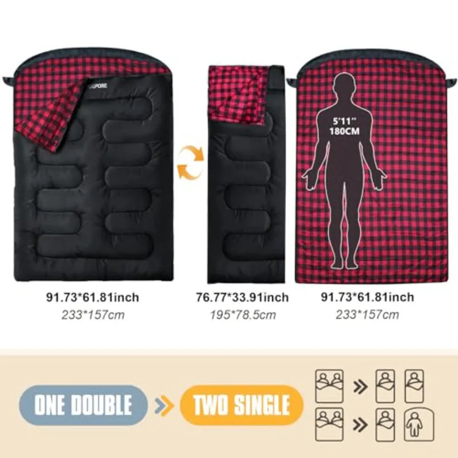 Double Sleeping Bag Flannel for Adults with 2 Pillows 2 Person Sleeping Bags Camping XXL Queen Size Two Person Sleeping Bag for