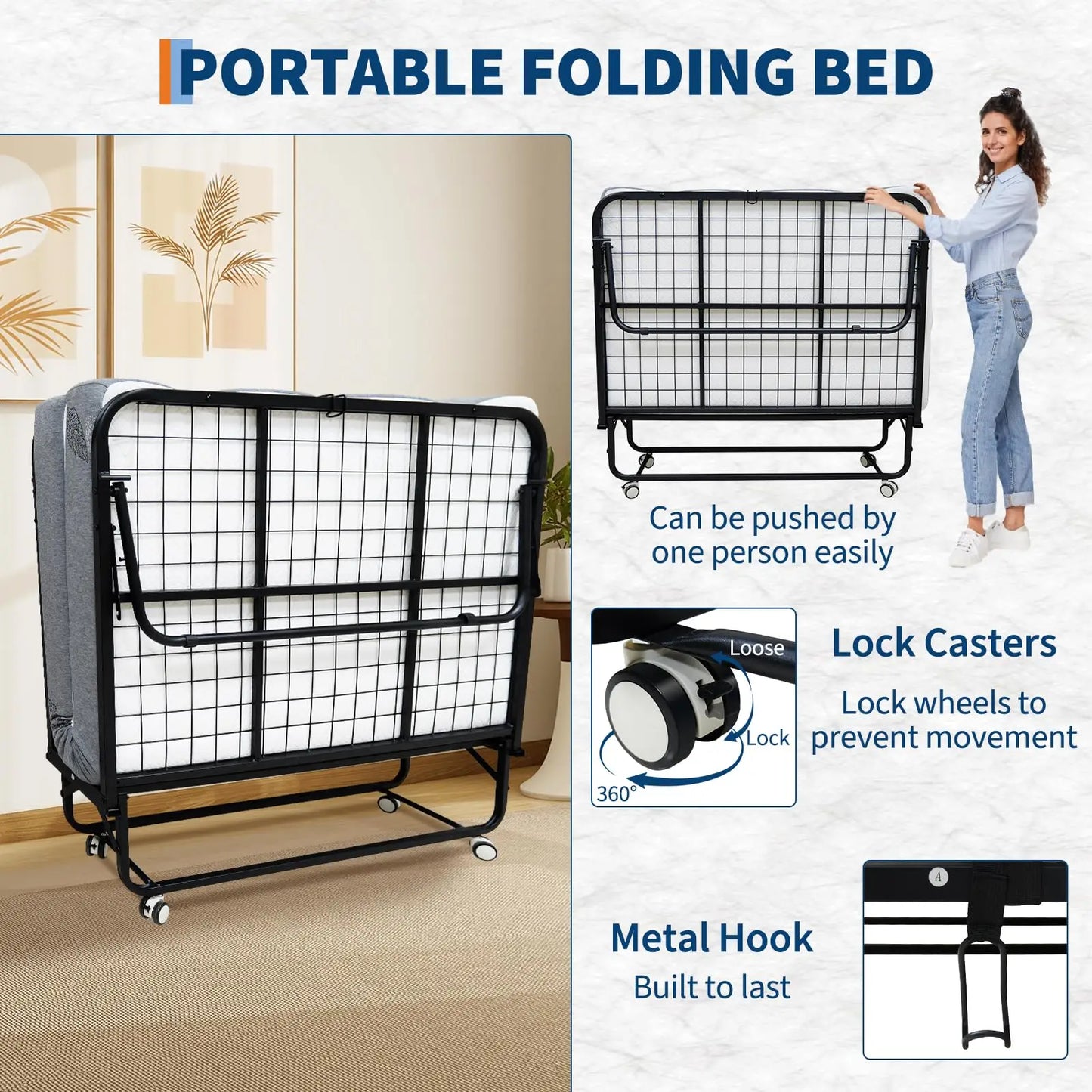 Folding Bed with Mattress, Portable Rollaway Bed with 4" Memory Foam Mattress for Adults, Foldable Guest Bed with Metal Frame, Fold Up, Roll Away, Space Saving for Outdoor