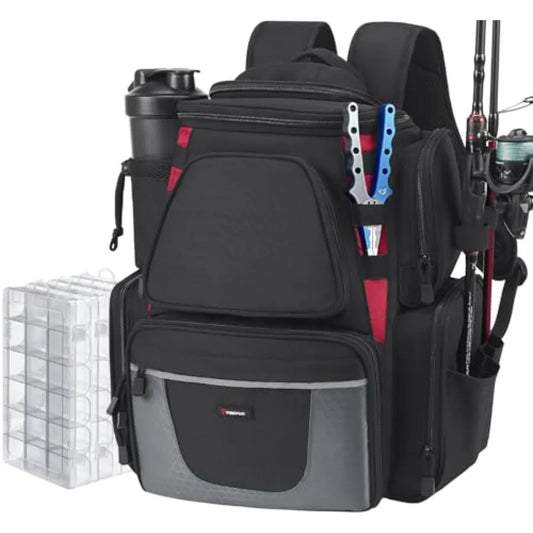 Fishing Backpack with 2 Rod Holders 4 Tackle Boxes Large Tackle Storage Bag with Rain Cover for Fishing Gear in Black Durable W