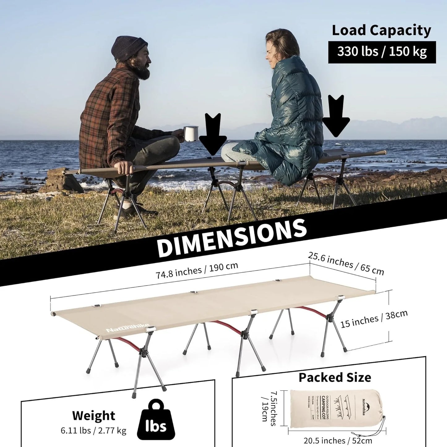 Naturehike Folding Camping Cot Portable Height Adjustable Ultralight Backpacking Cot Tent Travel Outdoor Camp Single Bed
