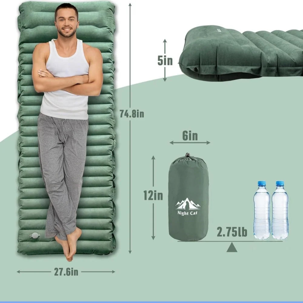 Night Cat Sleeping Pad for 1Person Camping Hiking - Ultralight Inflatable Sleeping Mat with Built-in Pillow & Foot Pump