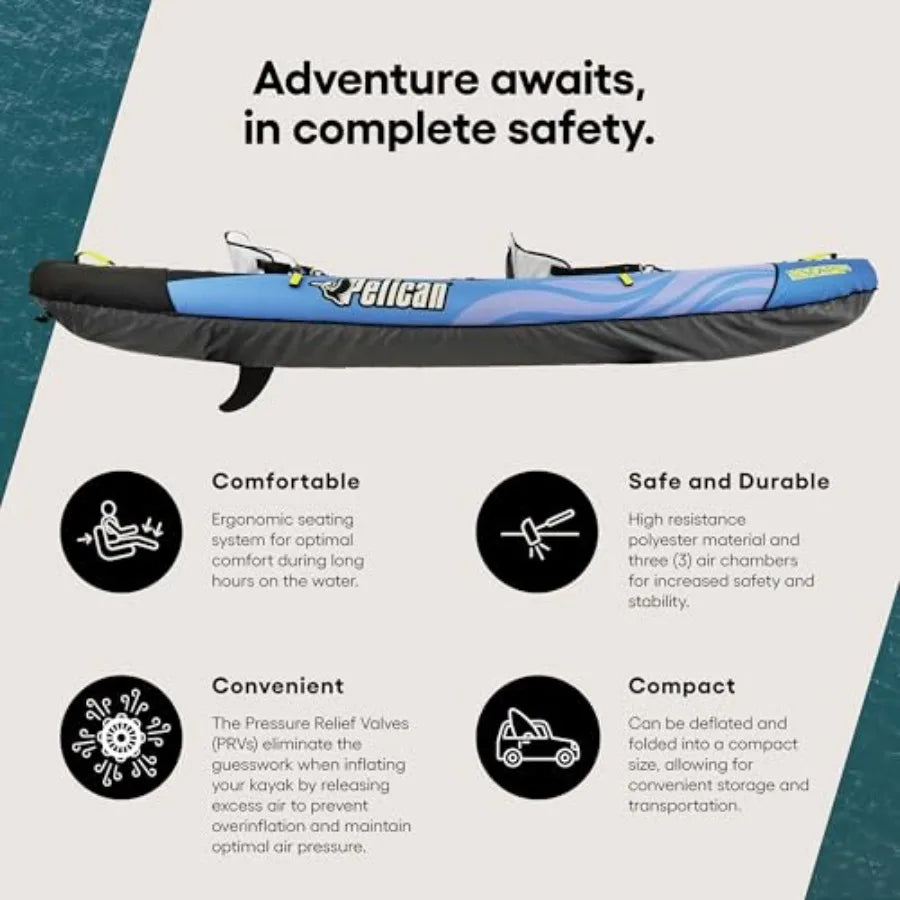 Recreational inflatable kayak for 1 or 2 persons: PVC material, blue-gray color, ultra-compact foldable design with enhanced st