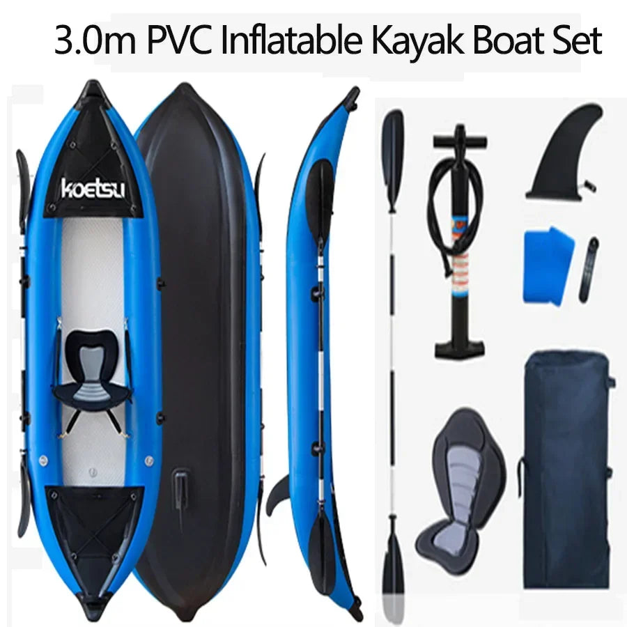 KOETSU 1-2 Persons Inflatable PVC Kayak Fishing Canoe Dinghy 3.0/3.7 M Single/Double Kayak Boats for Rafting Water Sports
