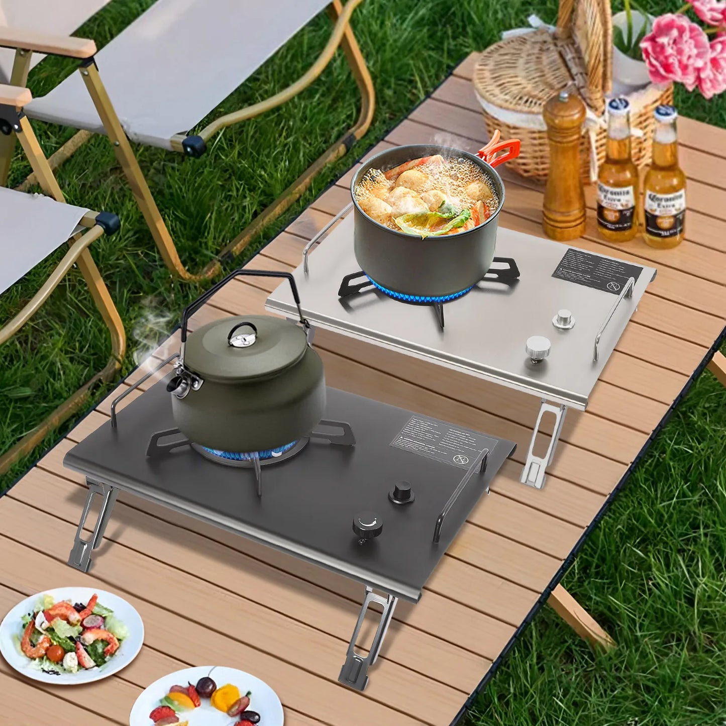 Electronic Ignition Camping Stove 2.7KW, Portable Gas Stove Foldable for Outdoor Hiking BBQ Picnic Mountaineering Silver