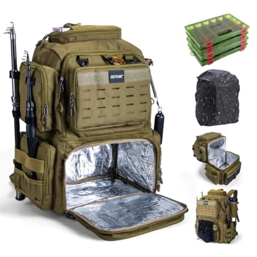 Fishing Backpack with 4 Tackle Boxes, 78L 600D Water-Resistant Tackle Backpack with Cooler, Rod Holders, 8 Lure Pockets, Rain C